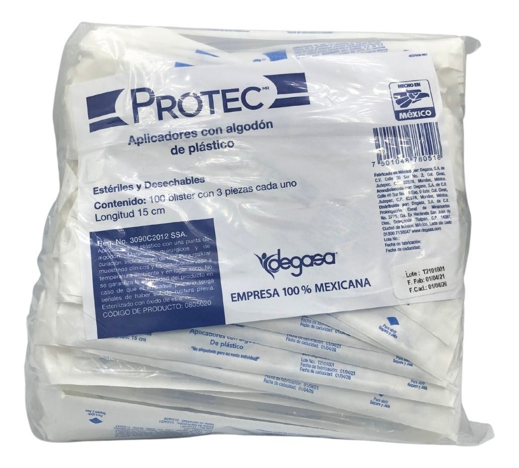 APLICADOR ALGODON PROTEC PLASTICO ESTERIL 100 BOLSAS CON 3 APLICADORES CADA UNA