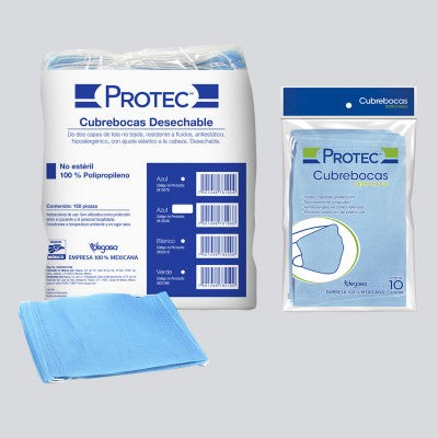 CUBREBOCA PROTEC DESECHABLE POLIPROPILENO AZUL BOLSA CON 10