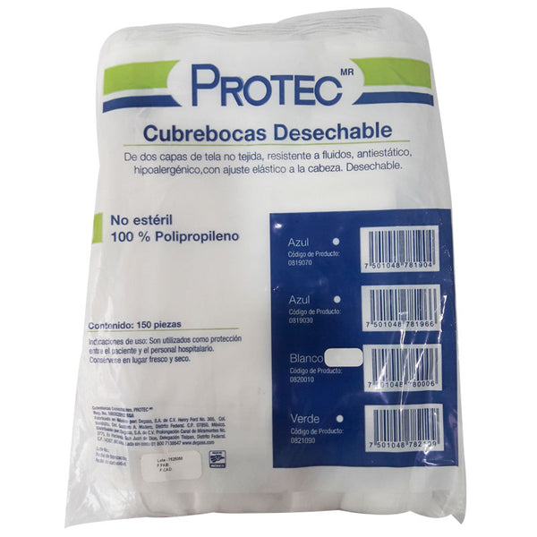 CUBREBOCA PROTEC DESECHABLE POLIPROPILENO BLANCO BOLSA CON 150