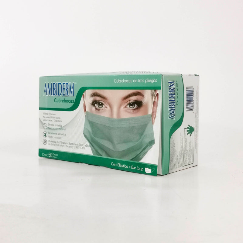 CUBREBOCA AMBIDERM VERDE 3 PLIEGOS CAJA CON 50