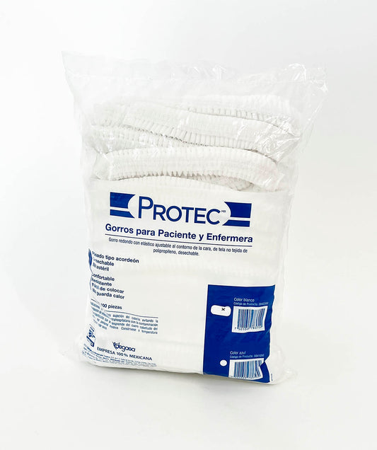 GORRO PARA PACIENTE O ENFERMERA PROTEC POLIPROPILENO BLANCO ACORDEON 21" BOLSA CON 100